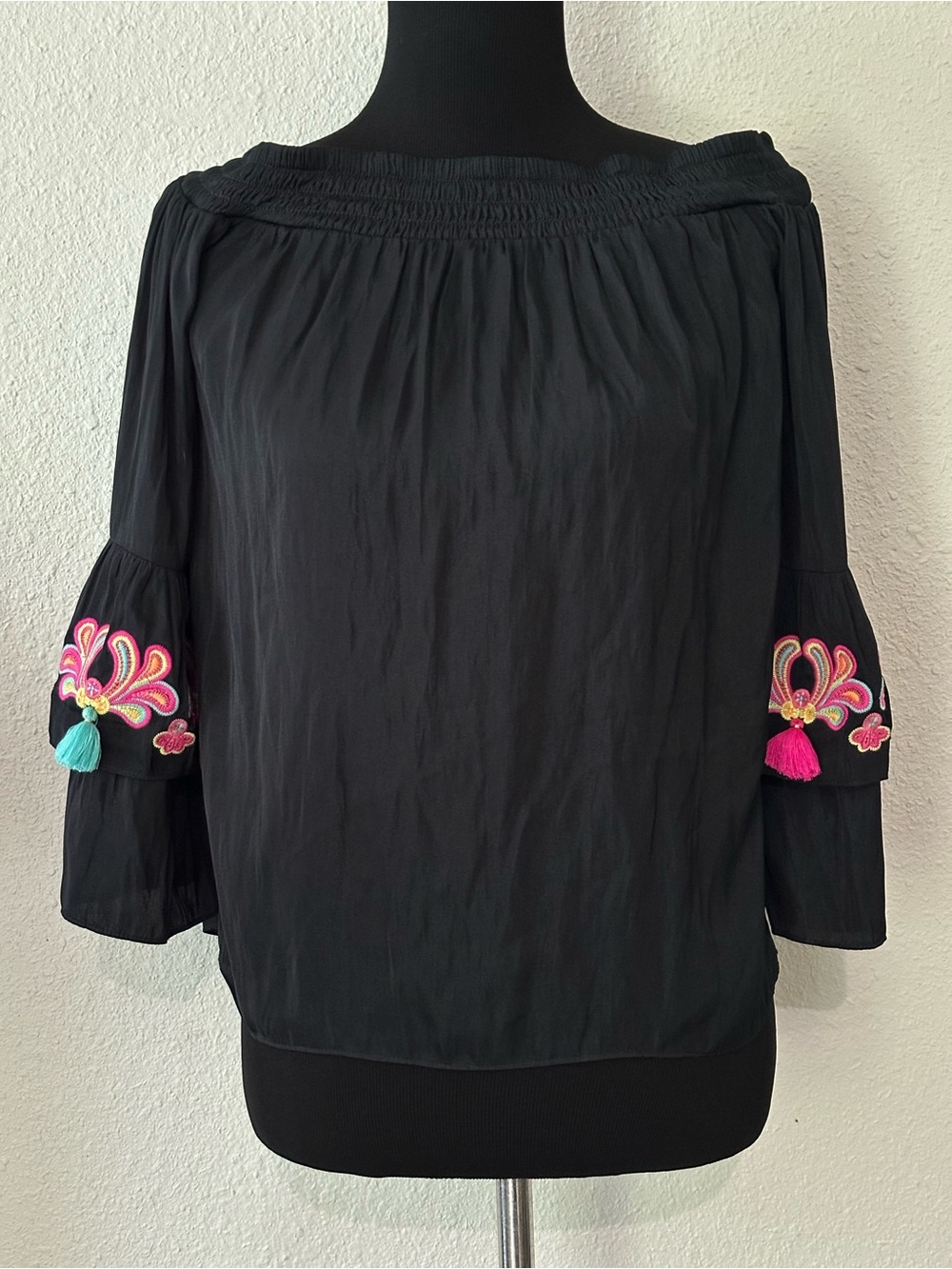 Lilly Pulitzer Black Off-Shoulder Top with Pink & Teal Embroidery